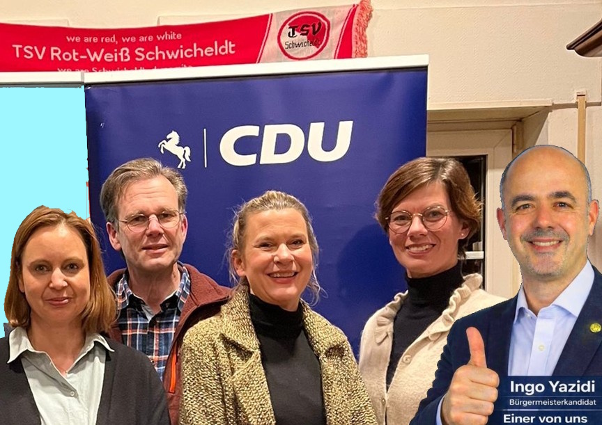 Unterst�tzung f�r Ingo Yazidi (r.) in Schwicheldt v.lks.: Ortsratsmitglied Sonja Tidow, Ortsb�rgermeister Christian Bartscht, Peines CDU-Vorsitzende Christine Klinke und Ortsratsmitglied Juliana Almeling. 
(Archiv)